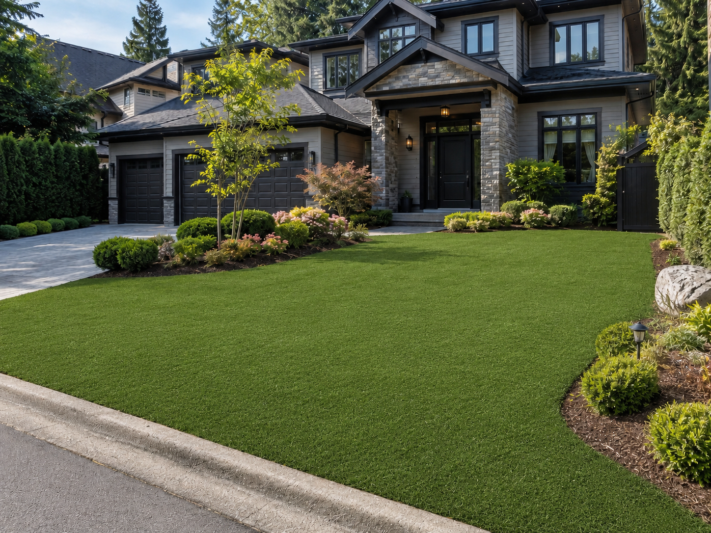 The same turf clean, groomed and upright after a Premium Grass Blades renewal